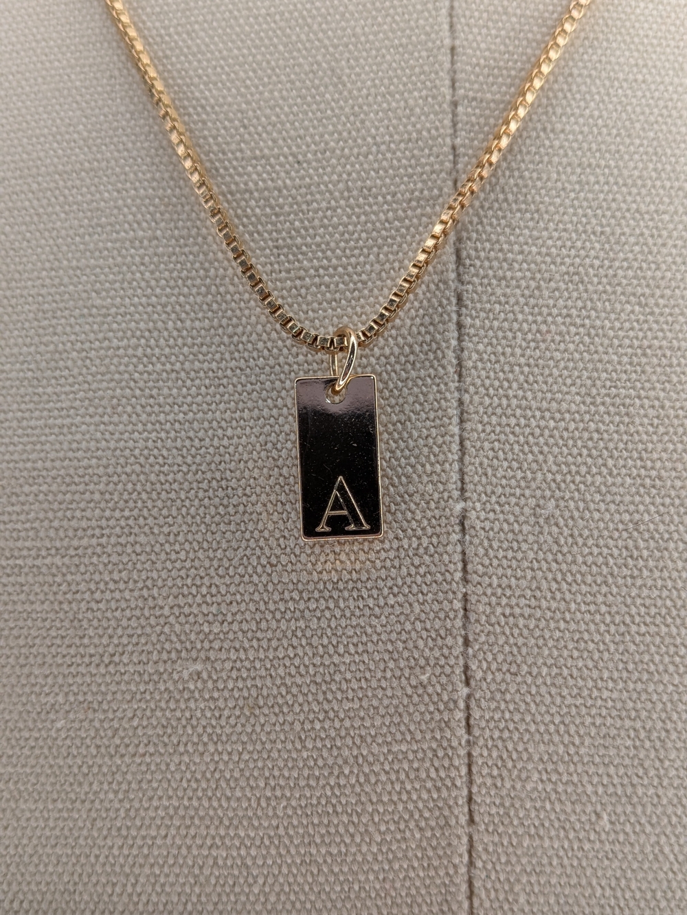 Gold Tone Letter A Initial Rectangle Tag Monogram Box Chain Necklace 16"
